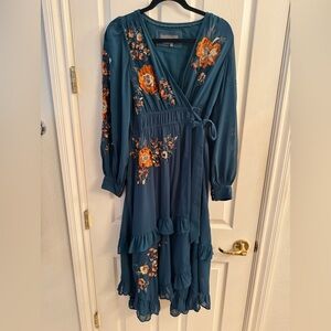 Anthropologie Teal Floral Wrap Maxi Dress with Orange Embroidery